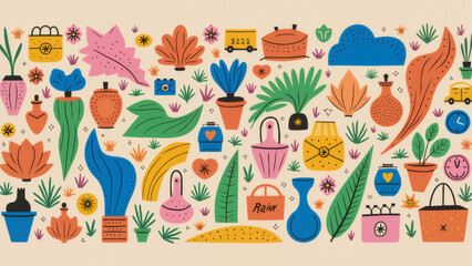 Stylized botanicals and containers create a whimsical and colorful flat design with playful shapes and details.