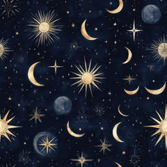 Naklejka premium Celestial Night Sky Pattern, Gold Suns Moons Stars, Seamless Textile Design