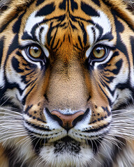 Fototapeta premium Tiger face portrait, looking straight into the camera, symmetrical composition, extreme close-up