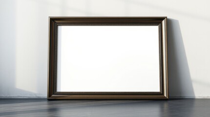 An ornate bronze frame rests on a floor against a white wall, catching sunlight, providing a sense of calm.