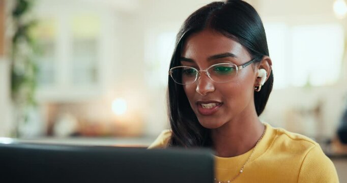 Earpods, laptop and happy woman on video call in home for remote job with creative client for copywriting. Conversation, tech and journalist on virtual meeting for feedback with computer in house.