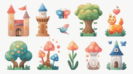 Obraz premium Charming Fantasy Village Elements with Castle, Butterfly, Tree, Cat, and Colorful Mushrooms for Creative Projects