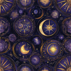 Naklejka premium Celestial Pattern Moons, Stars, Constellations, Night Sky, Seamless Design, Fabric Print