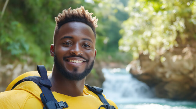 Man in yellow jacket smiling near waterfall. Adventure tourism concept