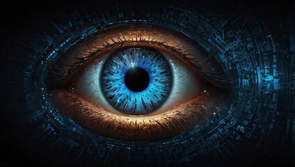 Obraz premium Futuristic glowing blue eye, with intricate digital details and a radiant iris set against a dark abstract background
