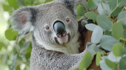 Fototapeta premium Koala climbing a tree in australian eucalyptus forest nature photography wildlife close-up view