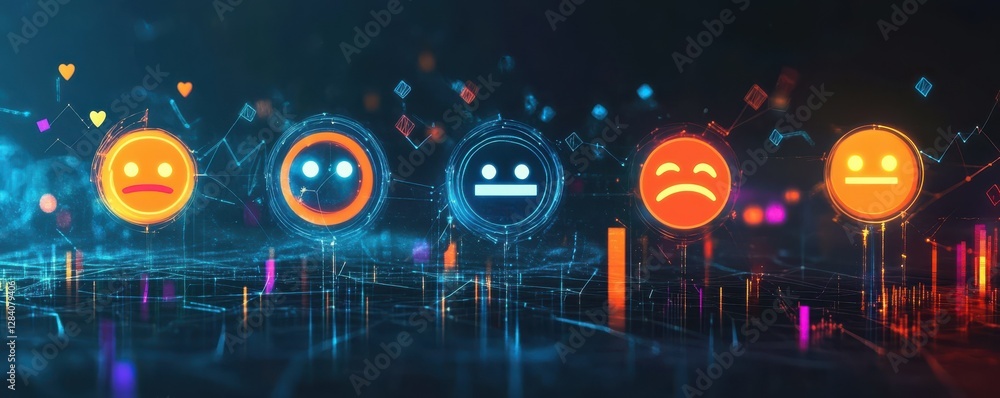 Poster colorful digital emoji faces displaying various emotions in a futuristic virtual setting