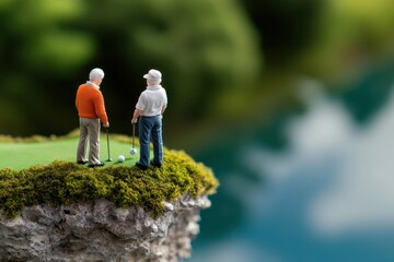 Miniature Golf Scene with Two Men on the Edge of a Cliff