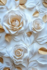 Paper roses, gold leaves, white background, wedding decor