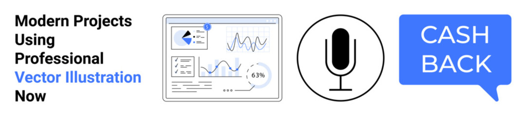 Analytics dashboard with charts, microphone icon symbolizing audio features, cashback label in dialogue bubble. Ideal for business tools, modern services, voice tech, finance apps, data-driven