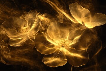 Golden floral smoke, dark background, artistic, design