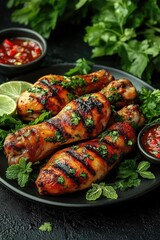 Grilled chicken drumsticks garnished with herbs and served with sauces on a dark background