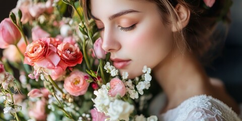 Naklejka premium A woman is gracefully standing in front of a beautiful vase of flowers