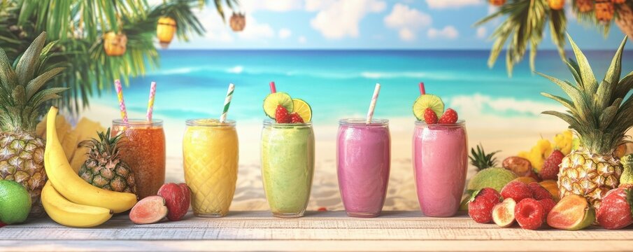 Colorful tropical smoothies with fresh fruit on a beach background