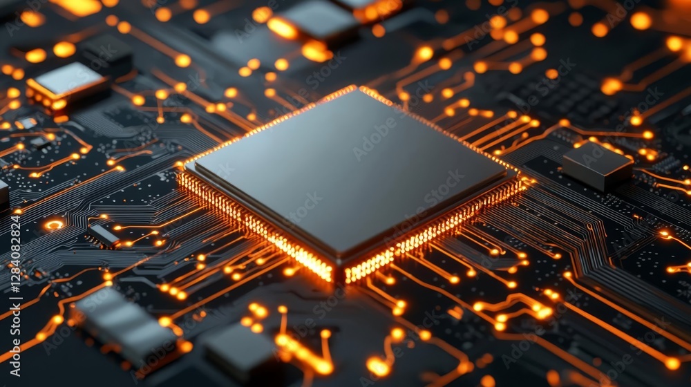 Poster close-up of a modern microchip on a circuit board illuminated.