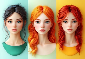 Obraz premium Three Women with Vibrant Hair Colors Against Colorful Backgrounds