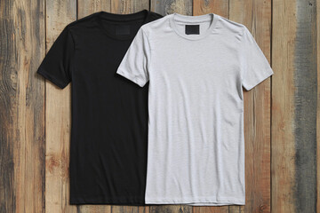 Black and white t-shirts on a rustic wooden background.