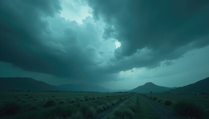 Obraz premium Stormy weather wraps the world in a somber gray haze, nature's fury, overcast sky,