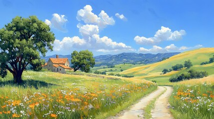 A serene countryside scene with a house, flowers, and rolling hills under a blue sky.