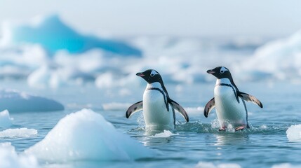 Fototapeta premium Gentoo penguins swimming together antarctic waters wildlife photography icy environment close-up perspective