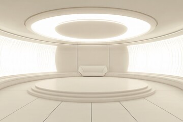 Futuristic white sci-fi interior with circular glowing platform.