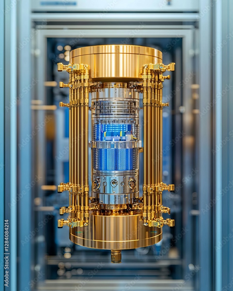 Poster innovative quantum computing machine showcasing advanced design.