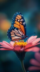 Obraz premium Colorful Butterfly Perched on a Vibrant Flower in a Serene Garden During Daylight Hours