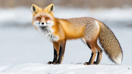 Obraz premium Elegant red fox strolling through snowy landscape captured in nature's serenity winter wilderness side view