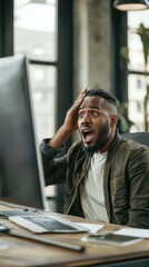 Fototapeta premium Surprised office worker reacts to unexpected news on computer