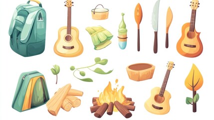 Fototapeta premium Camping gear icons; campfire, guitar, tent, backpack. Website graphics