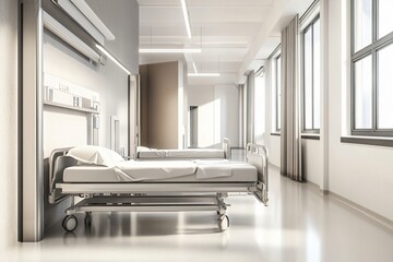 Sterile hospital room interior featuring two beds in a clean, medical environment for patient care., Hygienic clinic ward featuring beds in a sanitized healthcare interior space for therapeutic use.