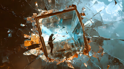 A shattered mirror reflecting diverse scenes and alternate realities in each fragment. shattered realities. illustration. Shattered Reality Fragments. Illustration