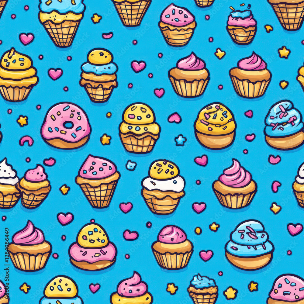 Poster colorful cartoon cupcakes and donuts seamless pattern background . seamless pattern. repeating patte