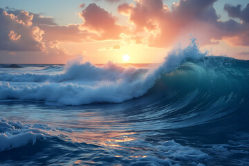 Ocean waves illuminated by the soft glow of sunrise with vibrant colors blending between sky and sea
