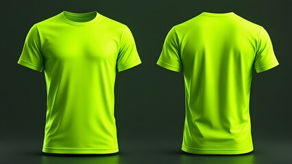 Blank neon green t-shirt mockup front, back view. Activewear design template for outdoor sports safety. Illustrates blank shirt suitable for customization. High visibility apparel for men.