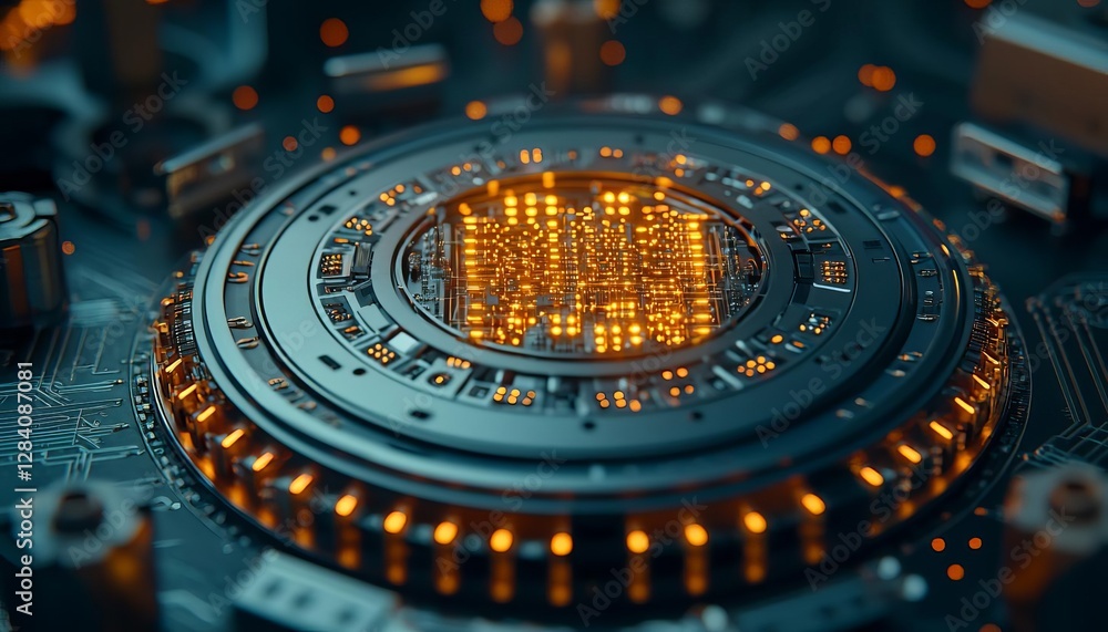 Poster futuristic circuit board with glowing components and intricate design.
