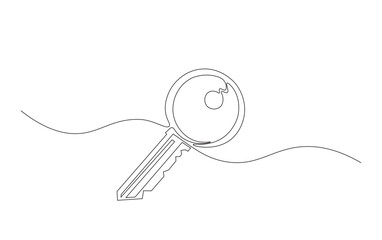Continuous line drawing of single house key. Key in simple outline illustration.