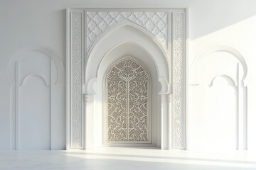 Interior wall features intricate ornamental designs and elegant white architecture