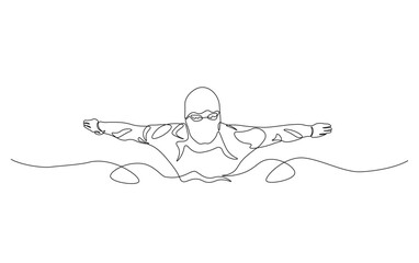 Continuous line drawing of swimmer in action. Athlete swimming simple outline illustration.