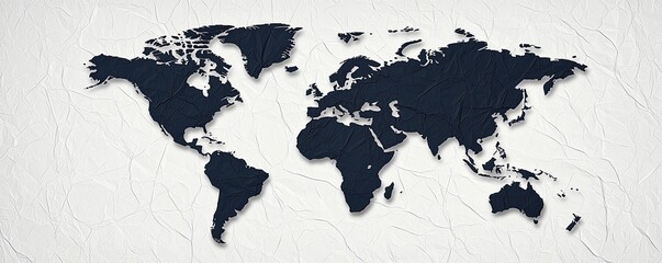 A minimalist world map featuring a dark silhouette against a textured, light background, emphasizing geographical outlines and global representation.