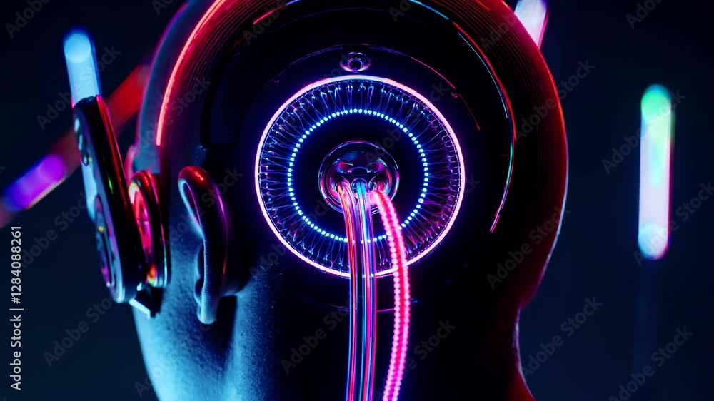 Poster back-mounted neural port radiates cybernetic glow. brain interface hardware merges organic and digit