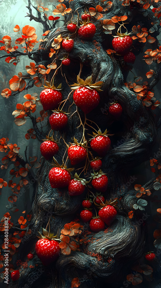 Poster cluster of red berries on a tree trunk in a forest