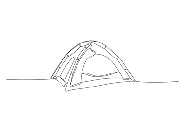 Continuous line drawing of canvas camp tent. Camping tent in simple outline illustration.