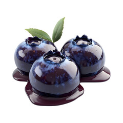 Three Blueberries with Caramel and Leaf Isolated on Transparent Background