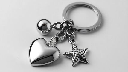 Shiny silver keychain with heart and star charms. Metal chain connects charms to keyring. Simple white background. Stylish accessory. Perfect gift for someone special.