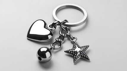 Shiny silver keychain with heart and star charms. Metal chain connects charms to keyring. Simple white background. Stylish accessory. Perfect gift for someone special.