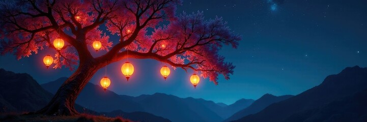 Obraz premium Tree with glowing lanterns hanging from branches, night, lights, stars