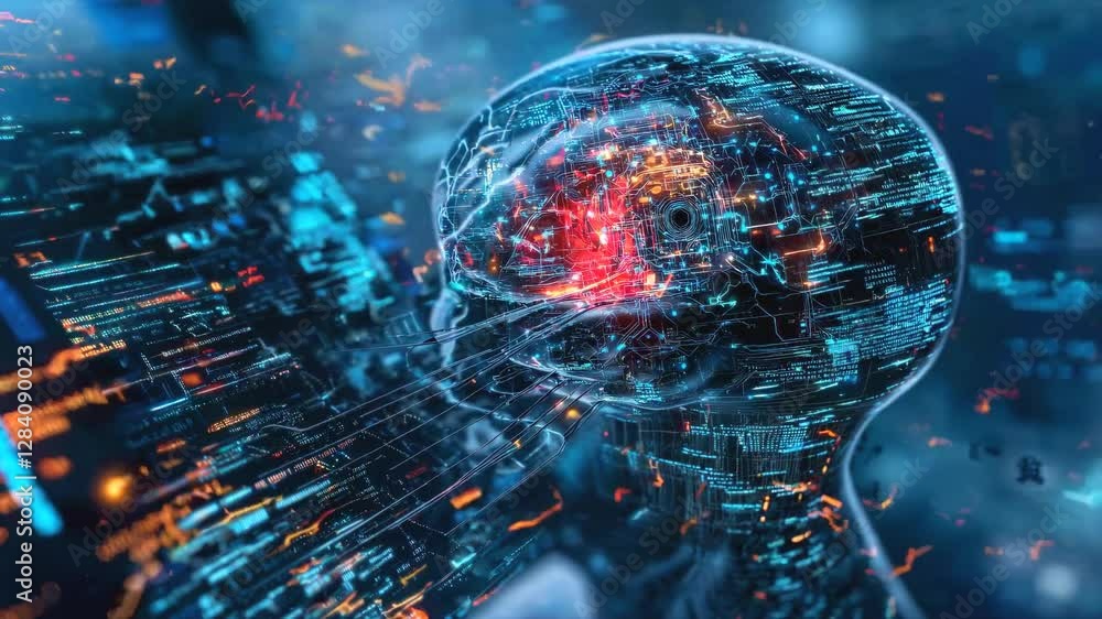 Poster neural pathways illuminate translucent cranial profile. glowing blue and orange data streams merge w