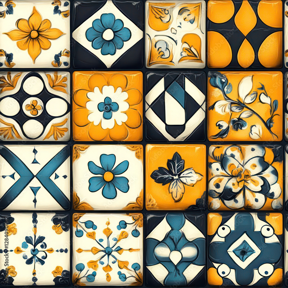 Poster colorful patterned ceramic tiles . seamless pattern. repeating pattern.