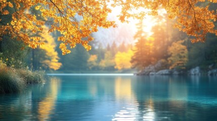 Fototapeta premium Serene autumn lake scene at sunrise, golden leaves frame tranquil water.
